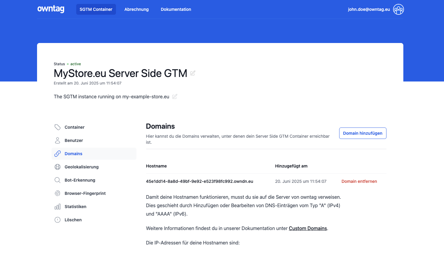 owntag Konsole mit Server Side GTM Container-Verwaltung