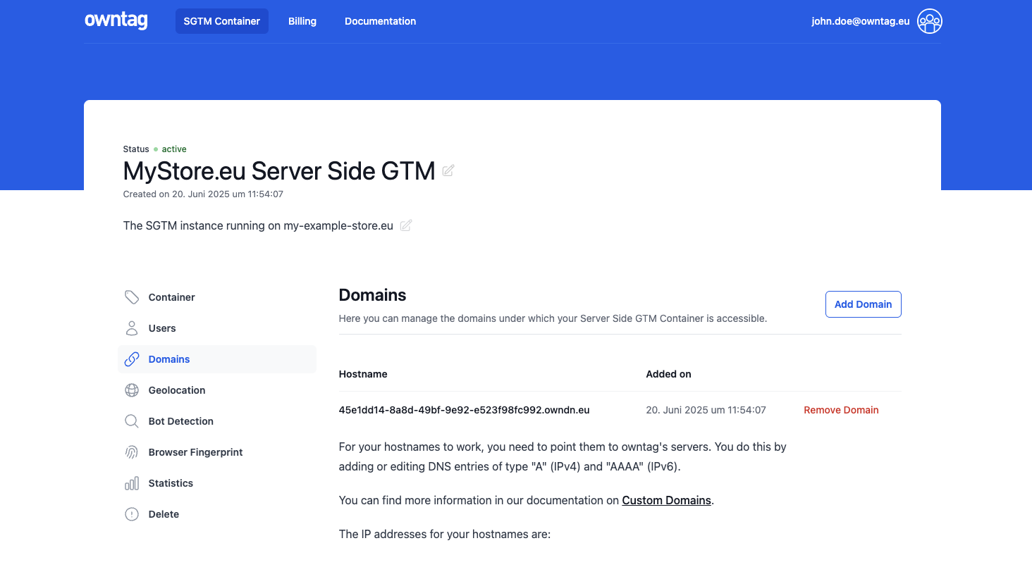 owntag console showing Server Side GTM container management