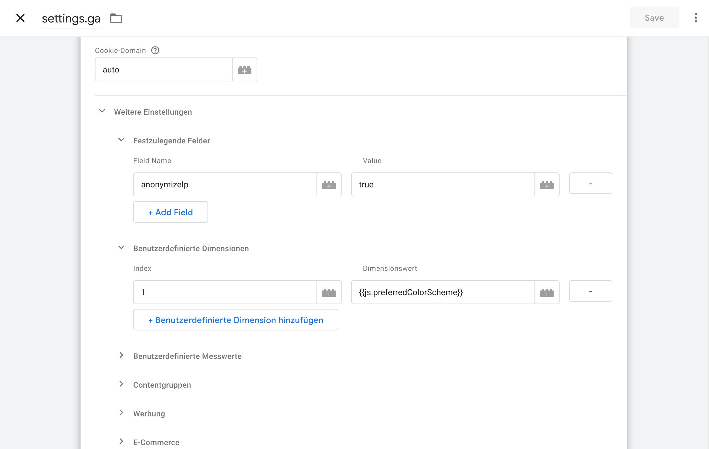 The updated Google Tag Manager settings variable settings the value of the appropriate dimension index