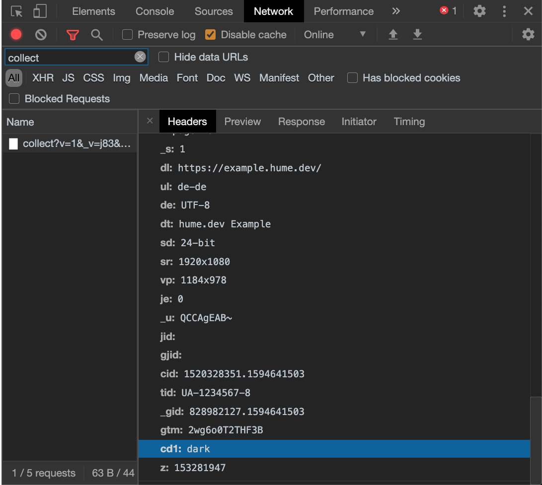 A screenshot of the Google Analytics request with dark mode enabled