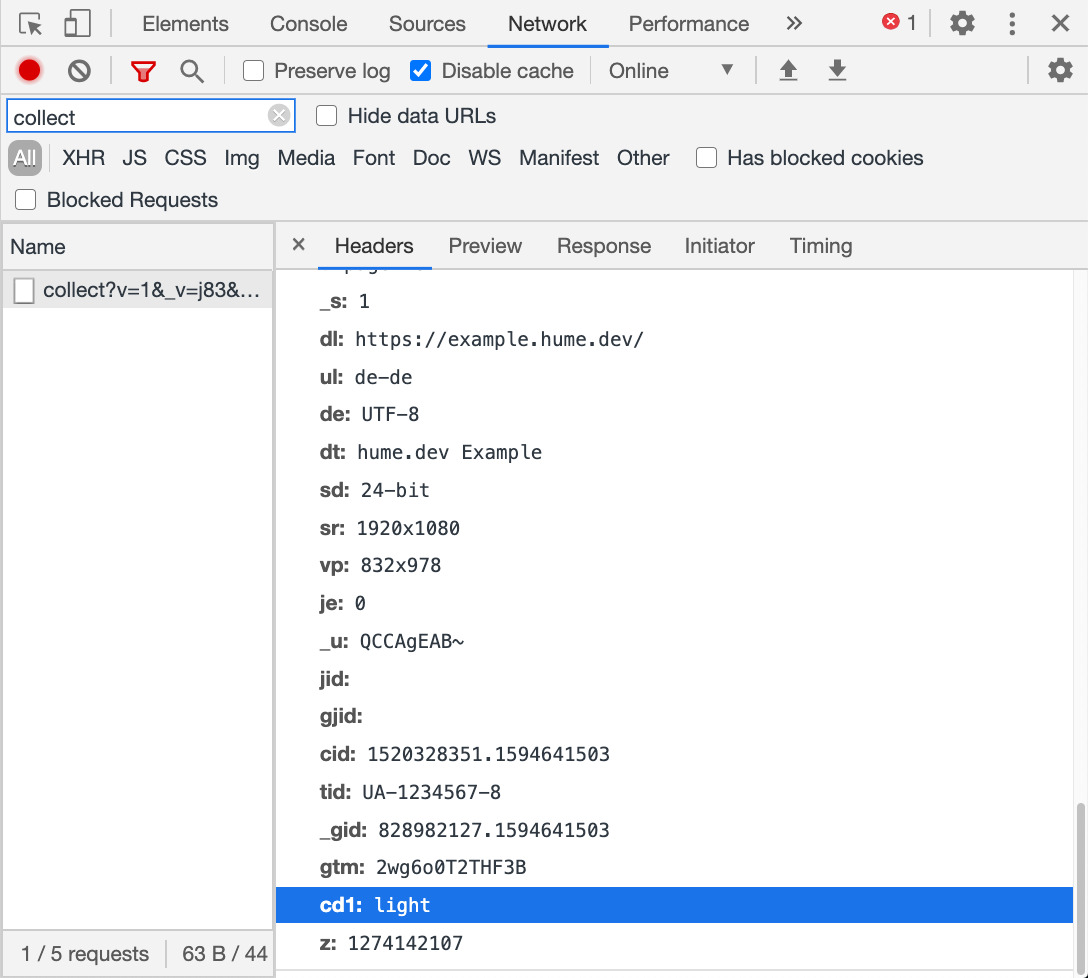 A screenshot of the Google Analytics request with dark mode disabled