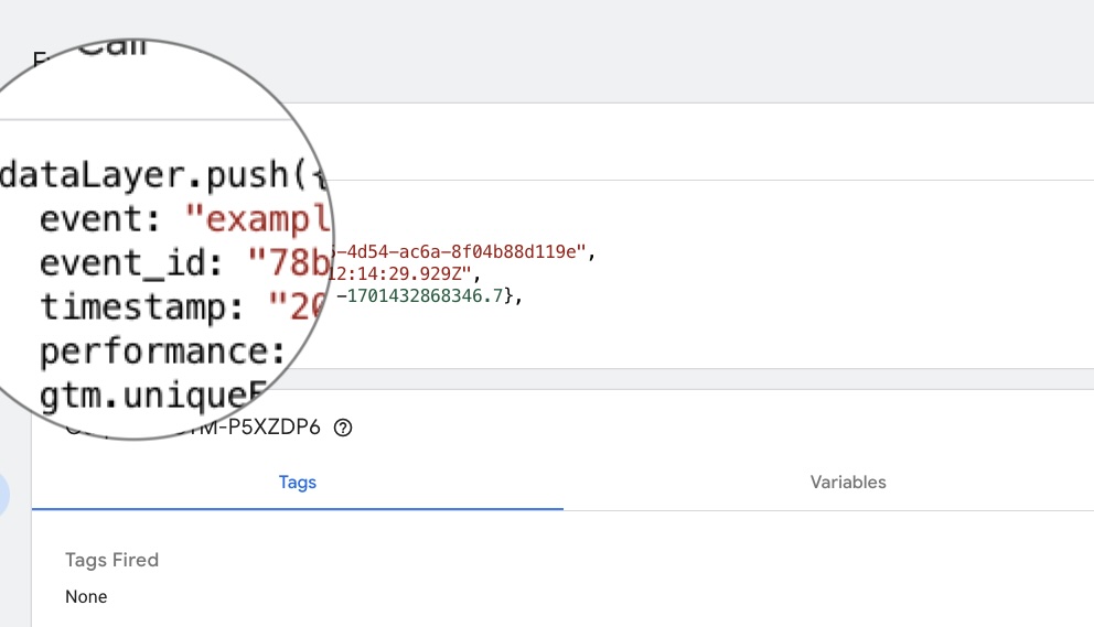 Screenshot of Google Tag Manager Preview mode showing an example dataLayer event with an event_id that was attached through the modification described above
