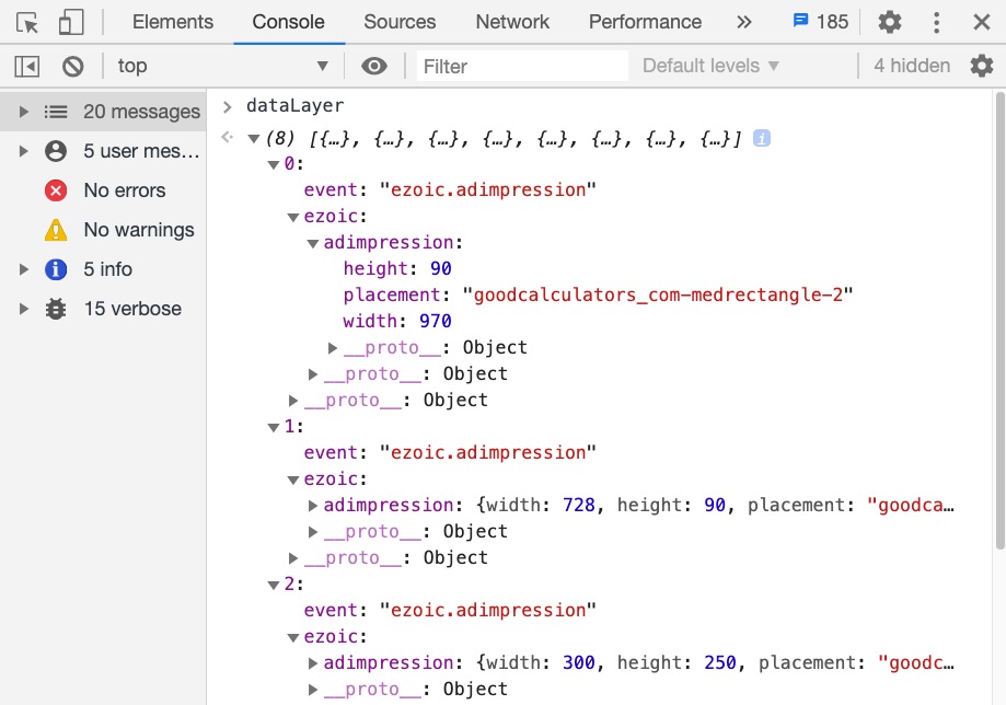 dataLayer events for ezoic Ads impressions
