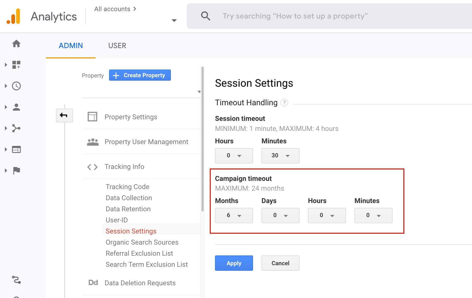 Screenshot of the campaign timeout settings in Google Analytics