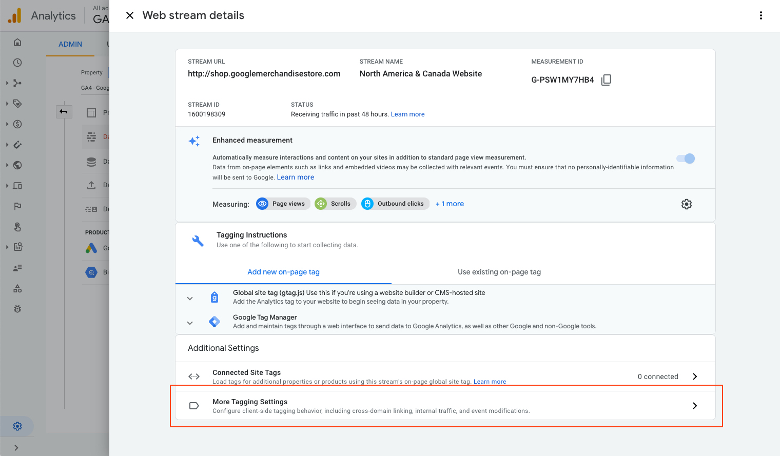 The web data stream of the Google Merchandise Store