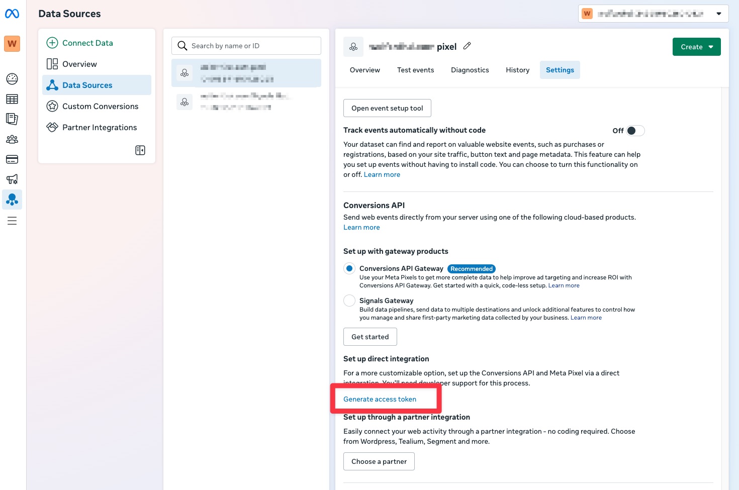 Screenshot of Meta Events Manager with button to generate a new access token
