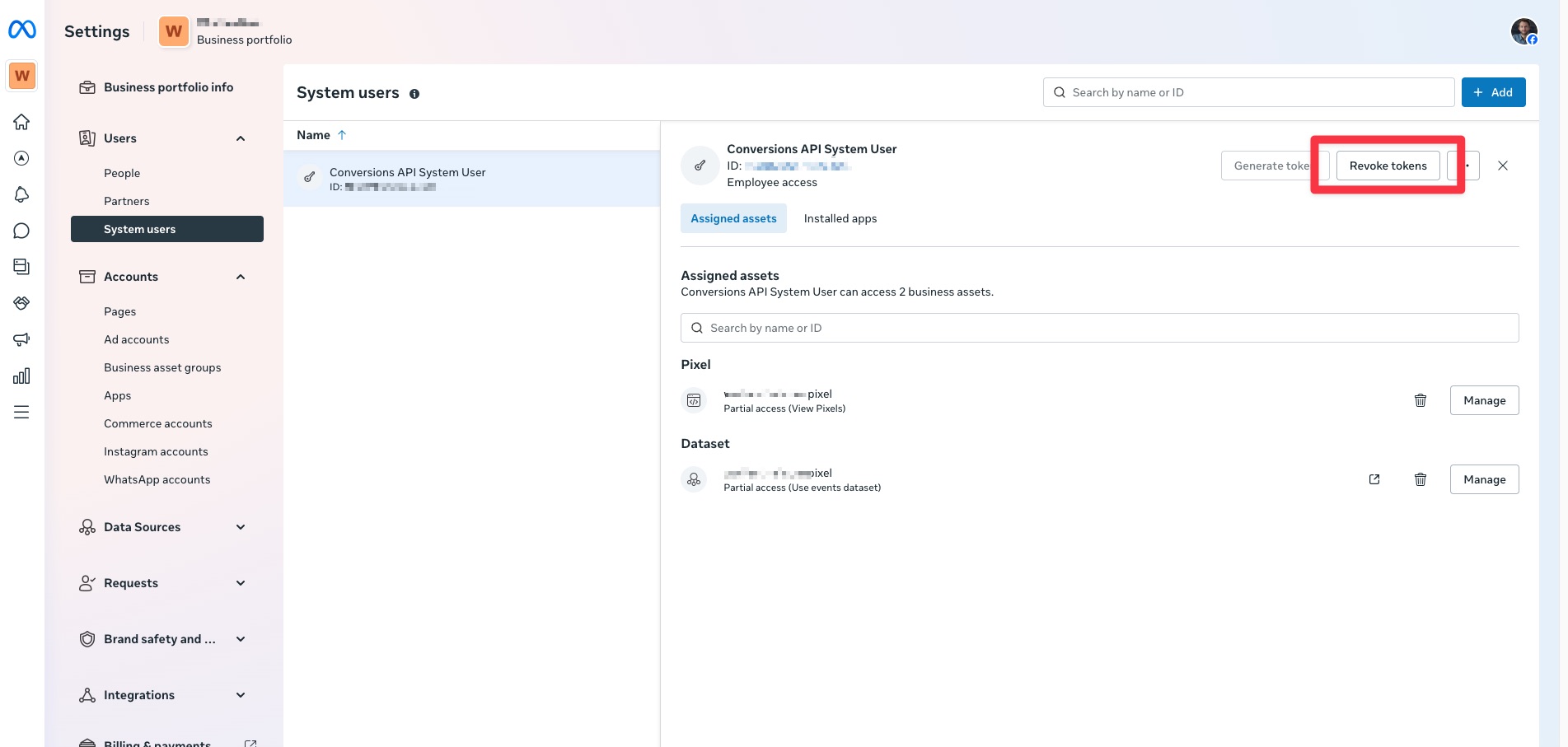 Screenshot of Business Manager with button to revoke access tokens