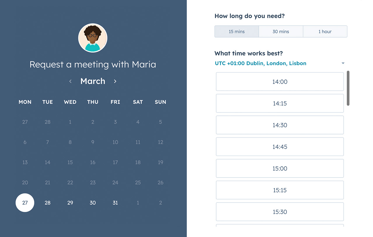 Example screenshot of the Hubspot meeting scheduler