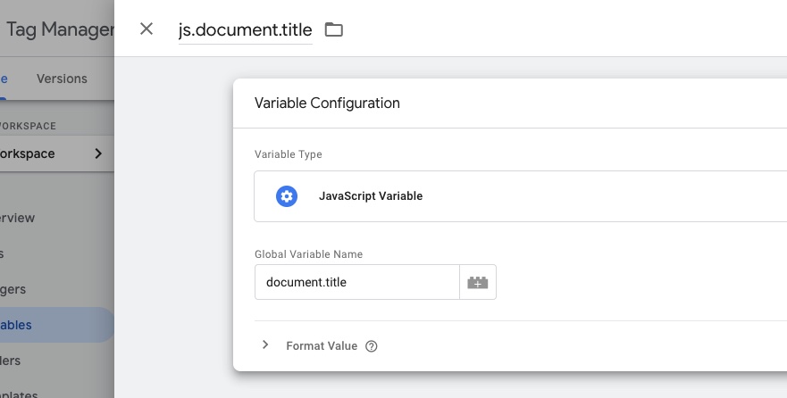 A screenshot of the Google Tag Manager UI that shows a JavaScript variable with the Global Variable name 'document.title' as an example