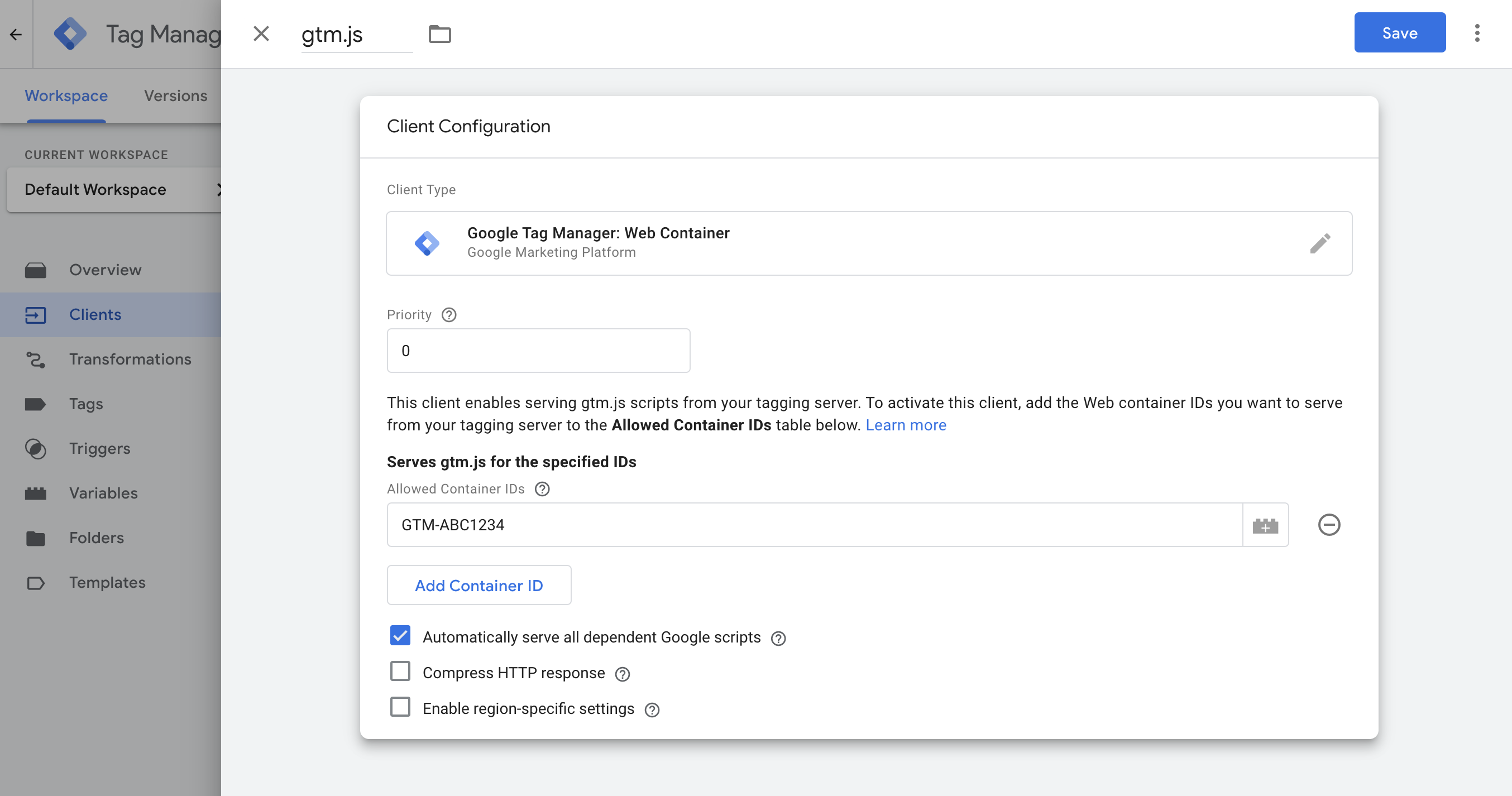 Set up client for gtm.js