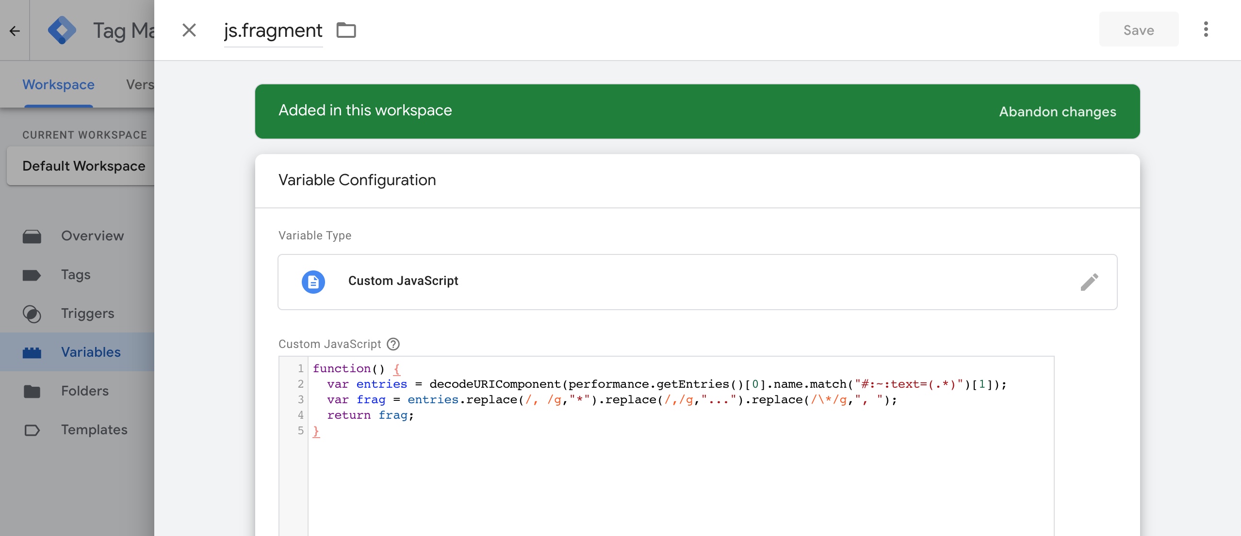 A custom JavaScript variable to read the fragment