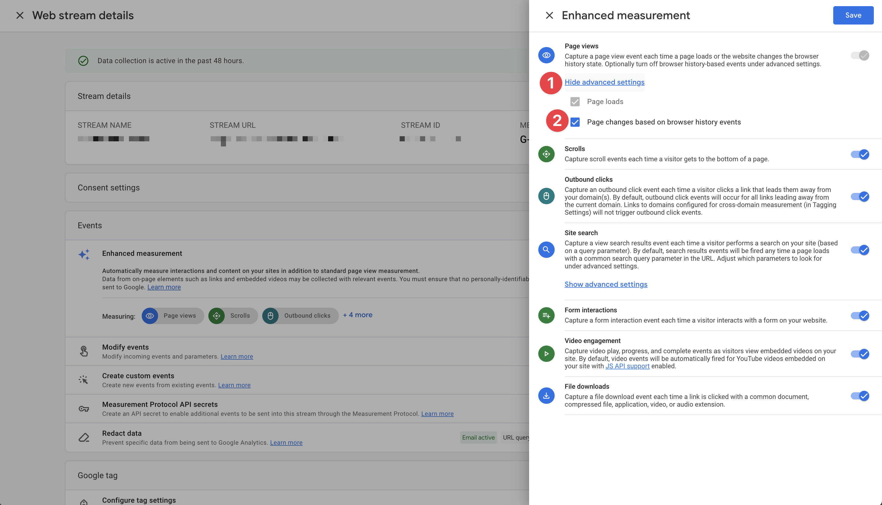 Screenshot of Enhanced Measurements settings options.