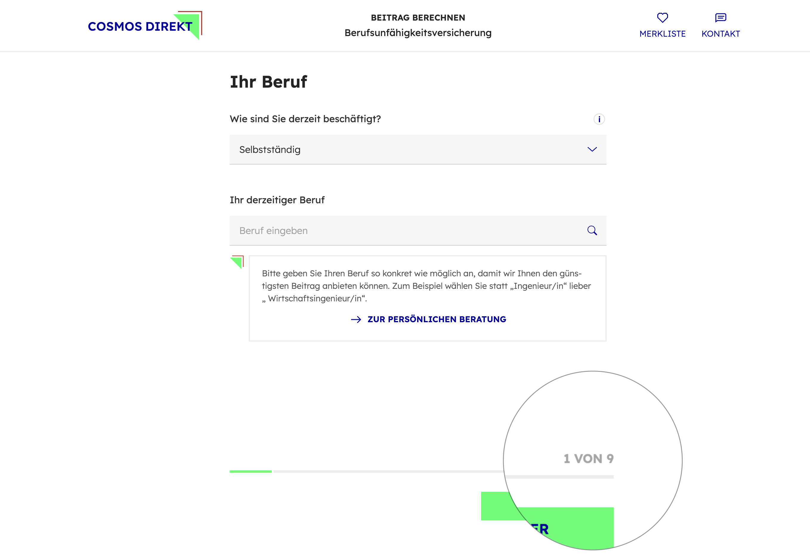 Screenshot of the lengthy form process for CosmosDirekt BU insurance.