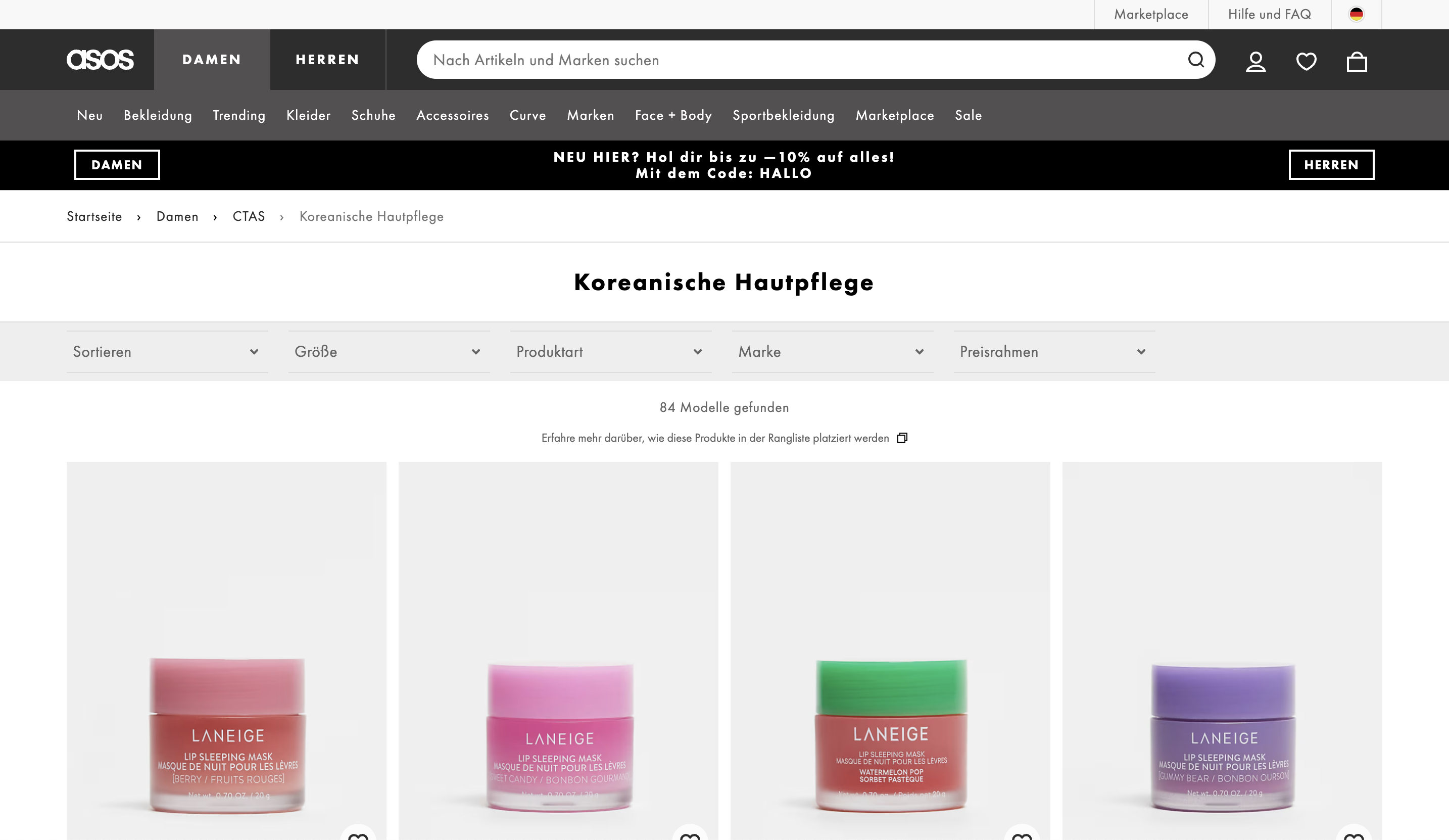 Screenshot of a product category on asos.com