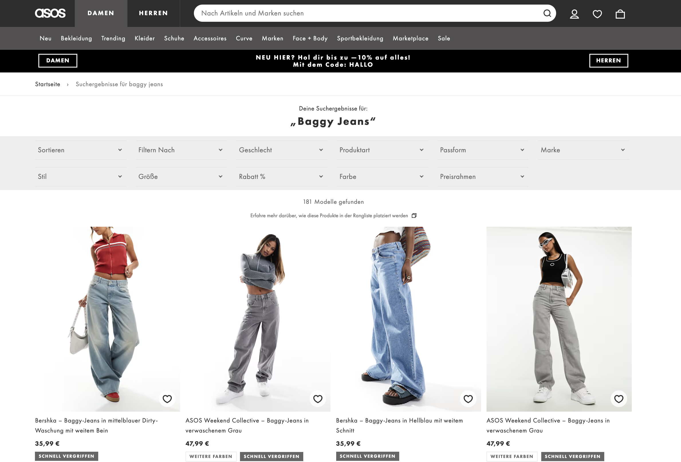 Screenshot of a search results page on asos.com