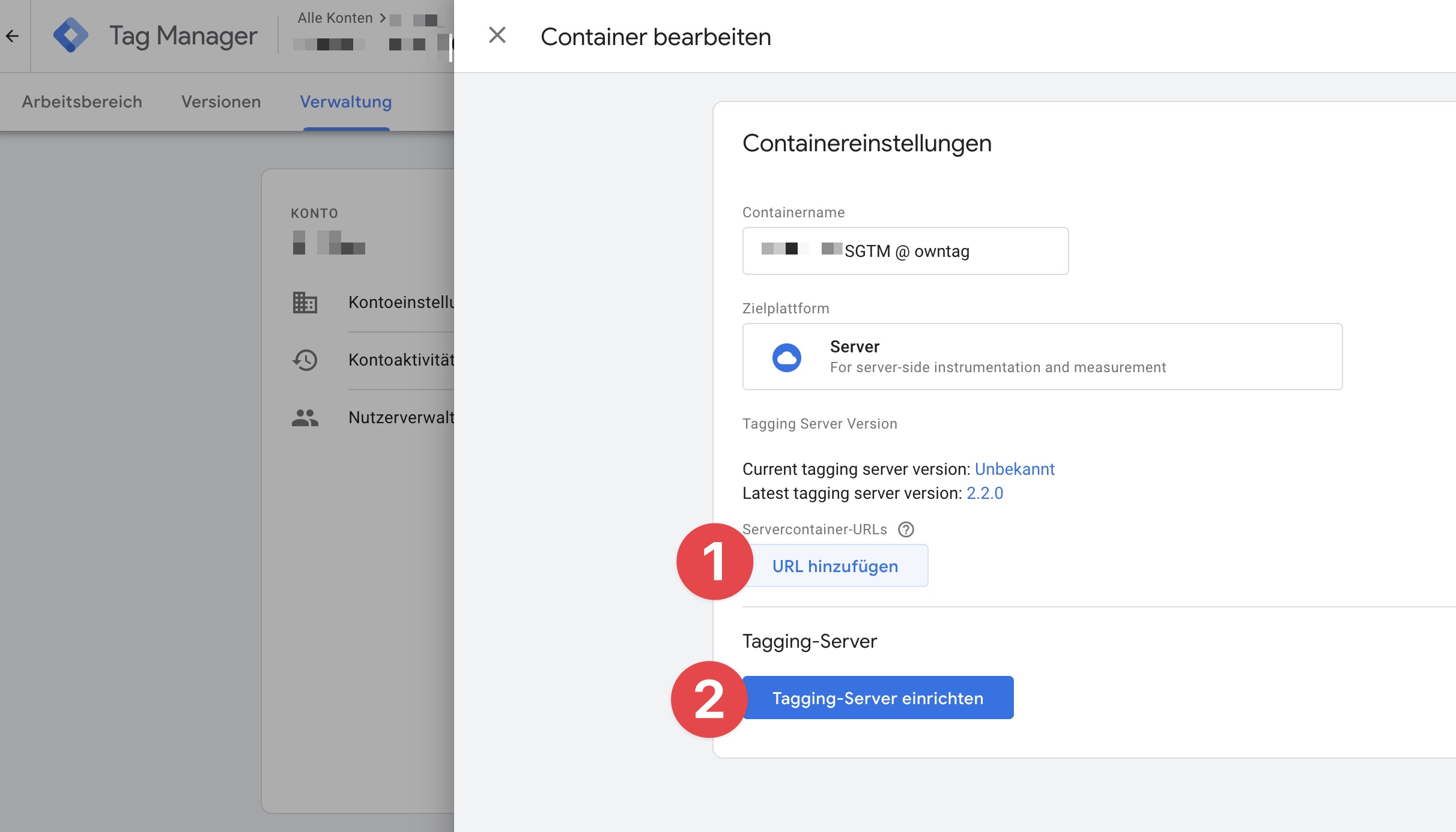 Interface of Tag Manager with an open editing window for container settings. Two red numbered circles highlight the options 'Add URL' and 'Set up Tagging Server' used for configuring the container.
