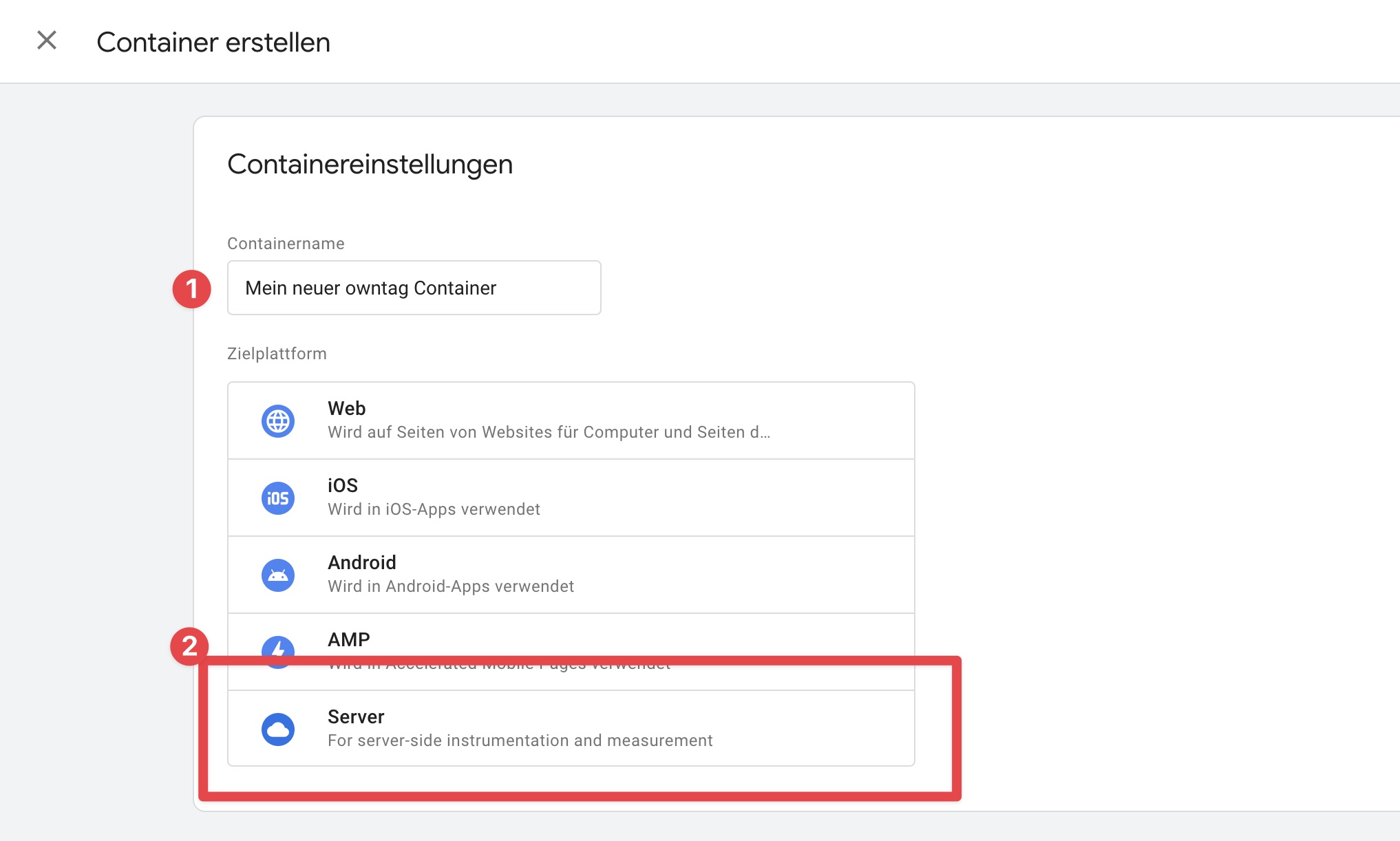 Screenshot of the Google Tag Manager interface when creating a container. In the 'Container Settings' section, 'My new owntag Container' is entered as the container name. Below are options for the target platform: Web, iOS, Android, AMP, and Server, with the 'Server' option for server-side instrumentation and measurement outlined in red, indicating it has been selected or highlighted.