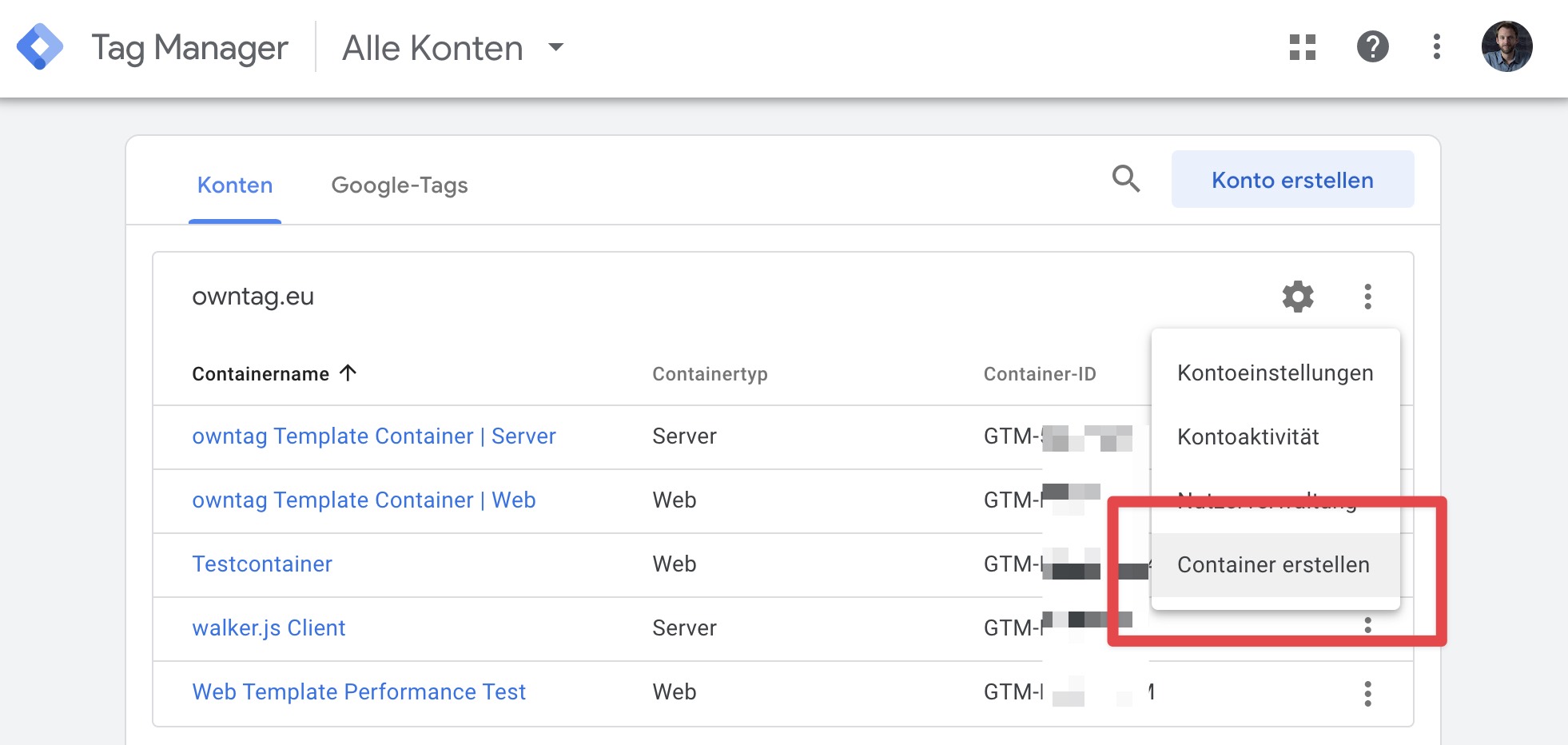 Screenshot of the Google Tag Manager account and the container overview list highlighting the 'Create Container' button