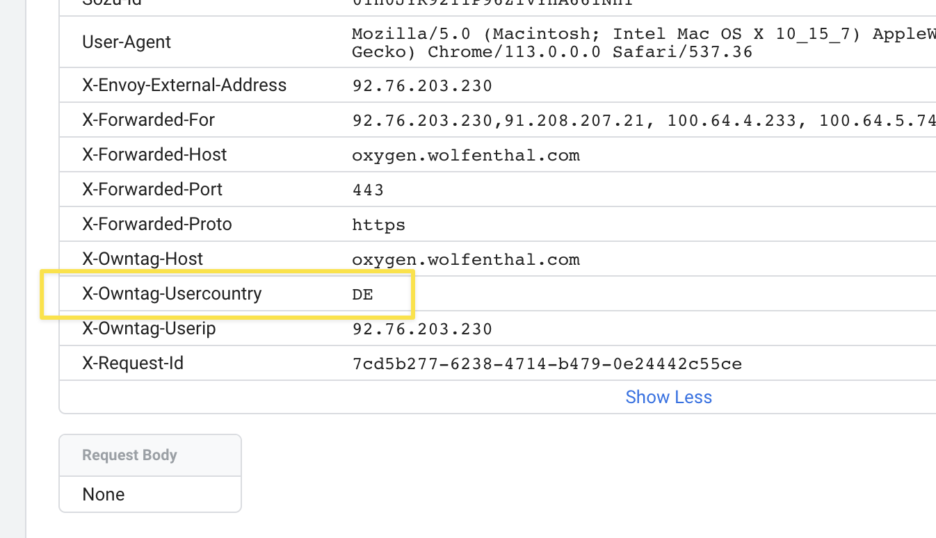 Screenshot of the owntag-powered HTTP headers in SGTM's Preview Mode window with X-Owntag-Usercountry highlighted