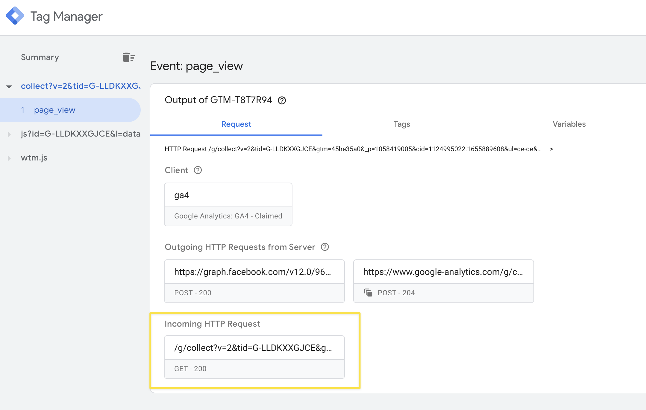 Screenshot of the owntag-powered HTTP headers in SGTM's Preview Mode window with X-Owntag-Usercountry highlighted