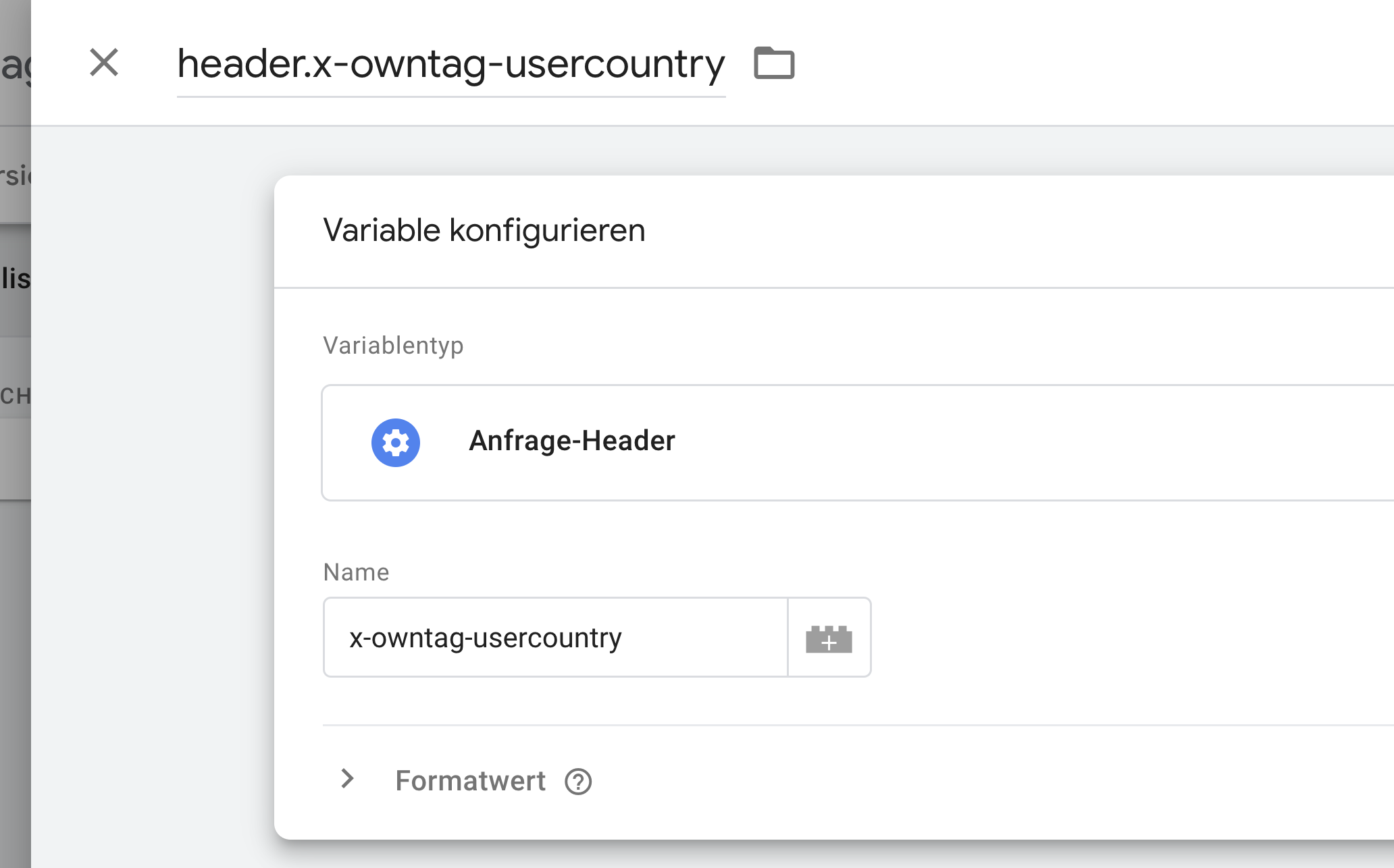 Screenshot of a Google Tag Manager variable of the Request Header type for the x-owntag-usercountry header